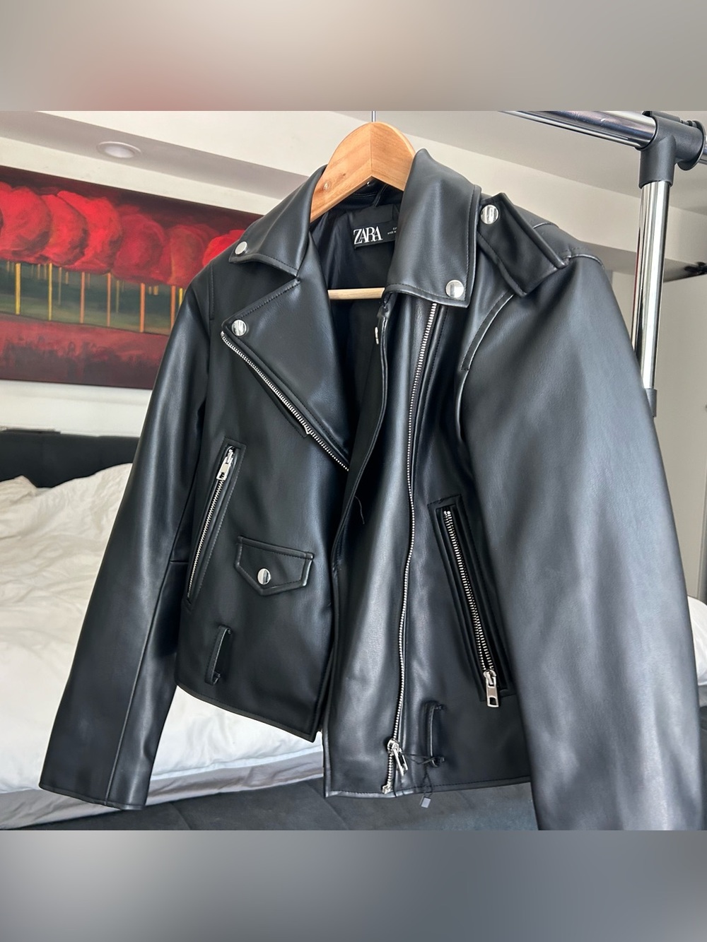 ZARA Black Faux Leather Biker Jacket with Silver Hardware